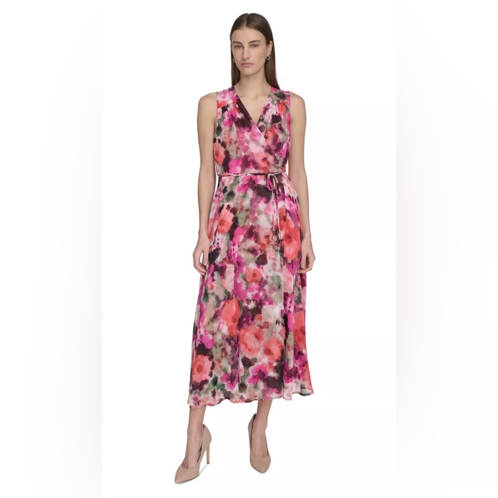 Calvin Klein Women's Floral-Print Chiffon Faux-Wrap Sleeveless Dress - Size 6
